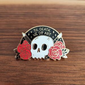 Lapel Pin 'Til Death We Do Art' Skull Artist Painters Brooch 2" Black Red Gothic